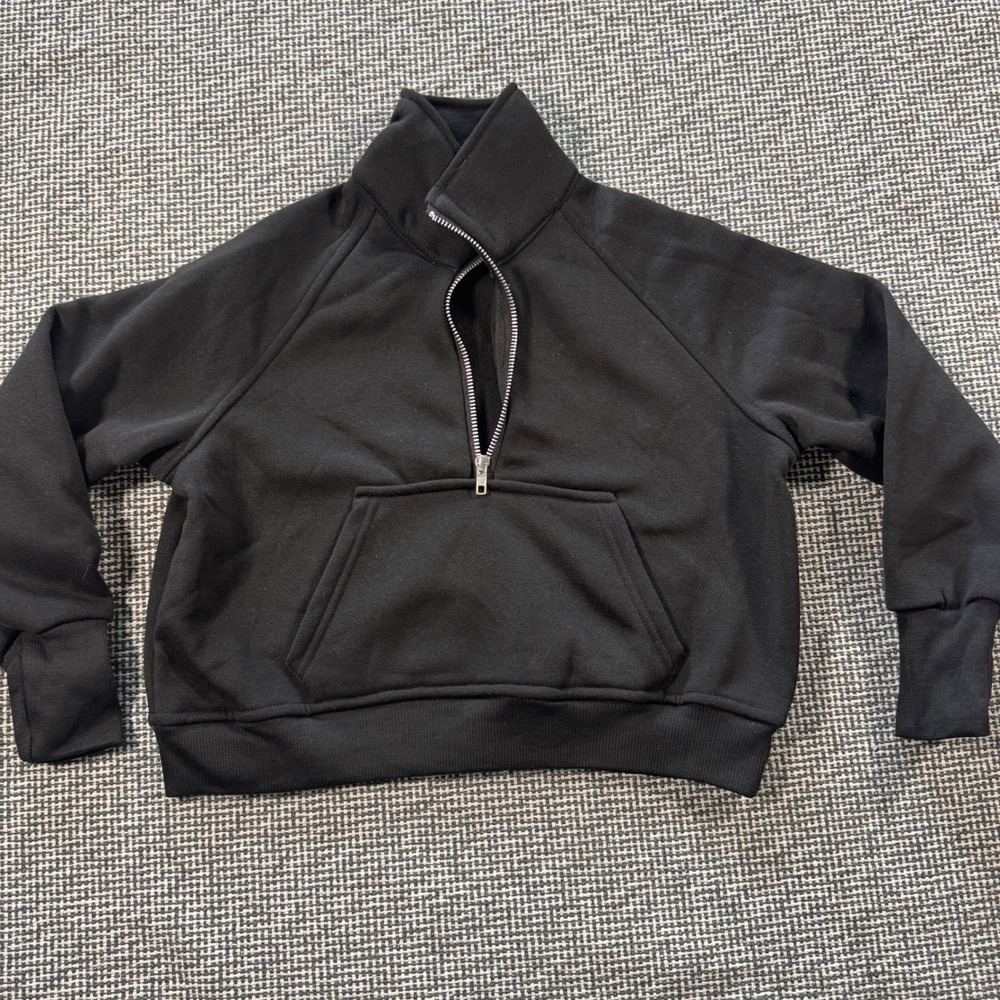 Youth Black Quarter Zip Pullover Cropped Sweatshirt Raglan Funnel Neck Large